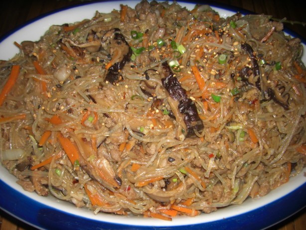 Korean Chapchae noodles With Beef and Mixed Vegetables Appetizer