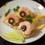 British Canapes with Egg Salad Shrimp and Olives Dinner