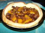 American Puff Pancake With Peaches and Sausage Breakfast