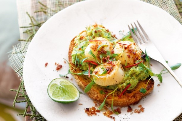 Canadian Seared Scallops With Bacon Dust And Crushed Avocado On Toast Recipe Appetizer