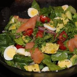 American Green Salad with Smoked Salmon and Quail Eggs Appetizer