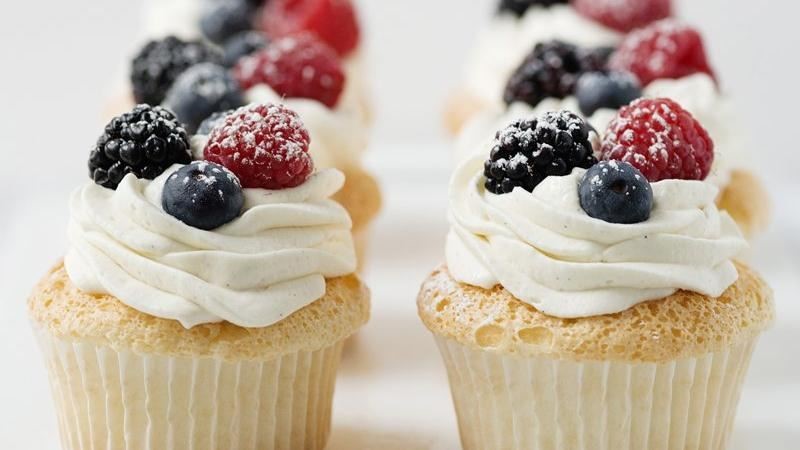 Australian Angel Food Cupcakes with Whipped Cream and Berries Dessert