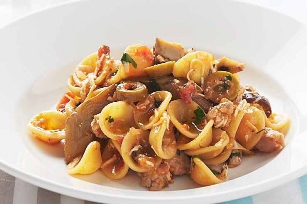 Italian Orecchiette With Italian Sausage Artichokes And Olive Sauce Recipe Dinner