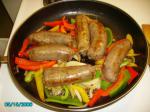 American Venison or Moose Sausage Links With Peppers Sandwiches Appetizer