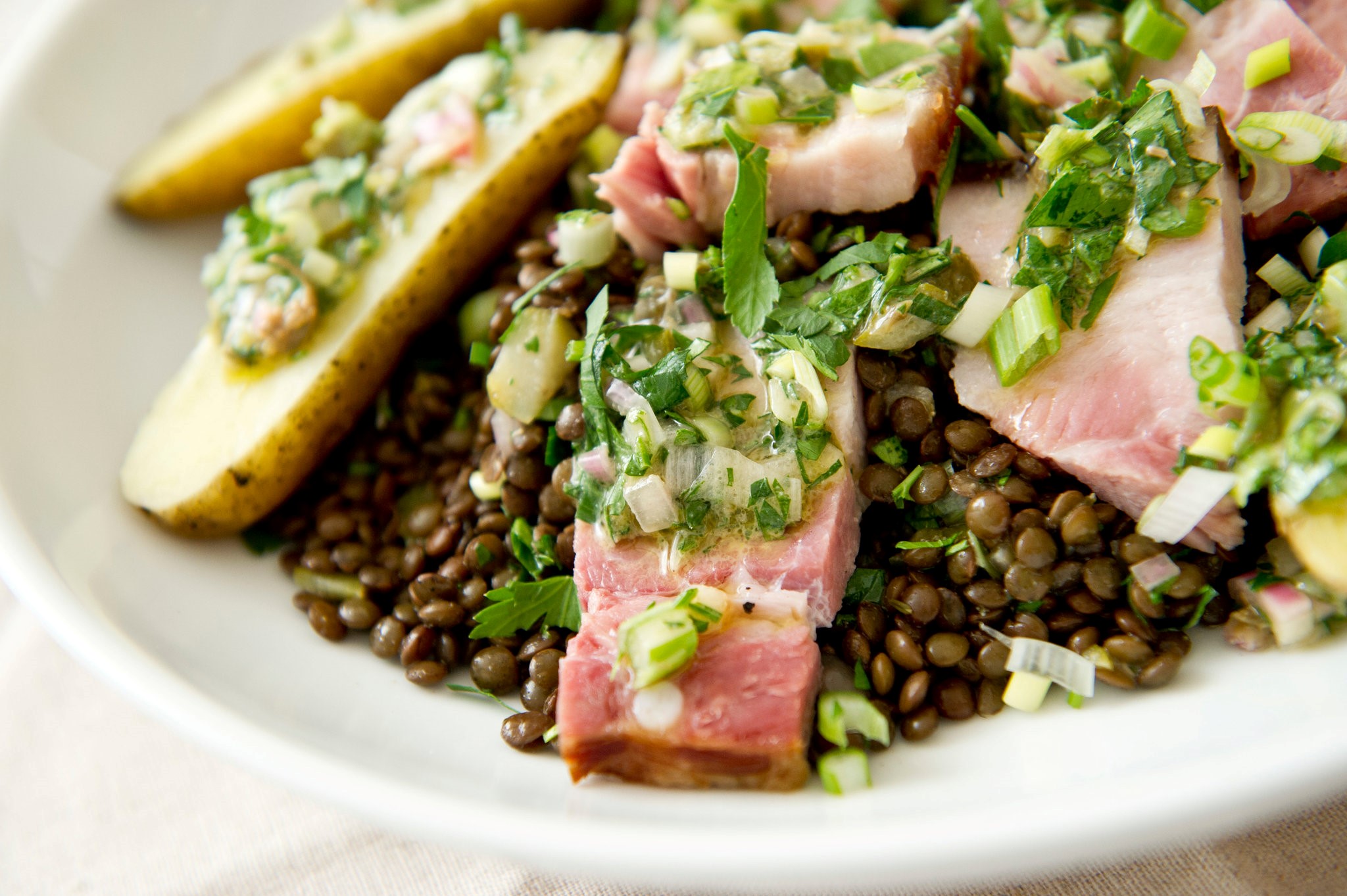 French Warm Lentil and Smoked Pork Belly Salad Recipe Appetizer