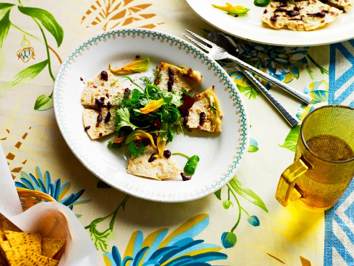 Australian Quesadillas with Zucchini Flowers Cheese and Hibiscus Appetizer