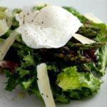British Grilled Green Asparagus with Poached Egg on Leaf Salad with Lemon Vinaigrette Appetizer