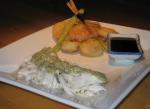 American Baked Whole Fish With Tahini Sauce and Tempura Vegetables Appetizer