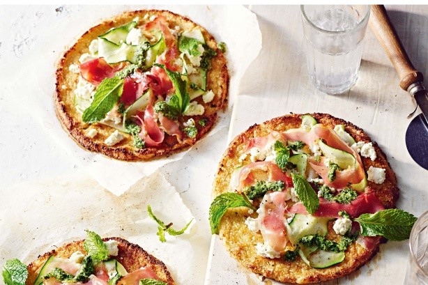 American Cauliflowercrust Pizza With Ricotta Prosciutto And Mint Pesto Recipe Dinner