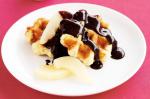 Belgian Waffles With Pears and Chocolate Sauce Recipe Dessert