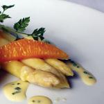 American White Asparagus and Citrus Salad with a Crispy Poached Egg and Orange Beurre Blanc Appetizer