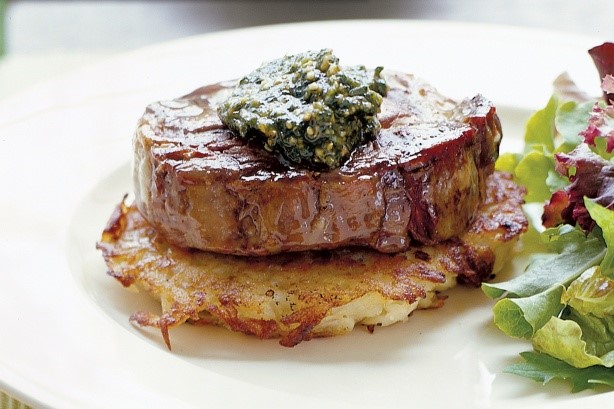 Canadian Steaks With Potato Cakes And Basil Cashew Pesto Recipe Appetizer