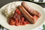 British Sausages With Squashed Tomatoes And Garlic Mash Recipe Appetizer