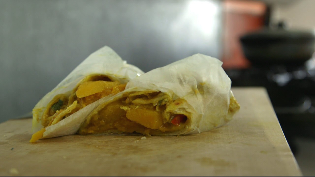 Barbados Roti Filled with Stirfried Butternut Squash Appetizer