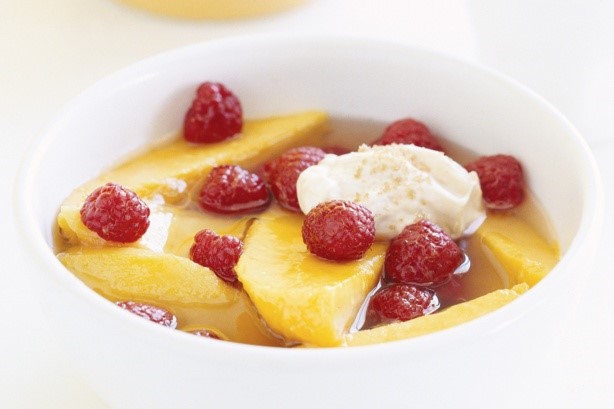 Canadian Poached Mango And Raspberries With Brown Sugar Cream Recipe Dessert