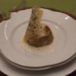 British Flan Artichokes in Cheese Sauce with the Wafer of Parmesan Cheese with Herbs Appetizer