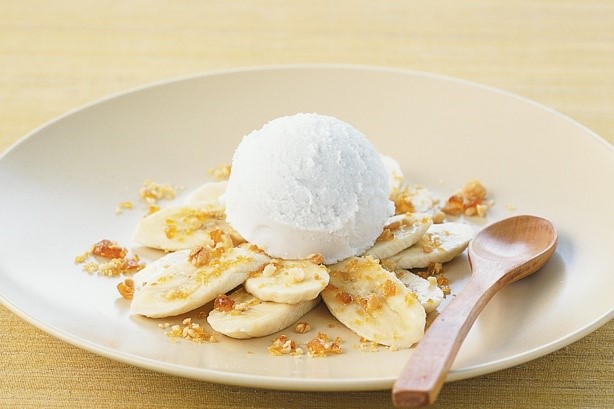 Canadian Bananas With Macadamia Praline And Coconut Sorbet Recipe Dessert