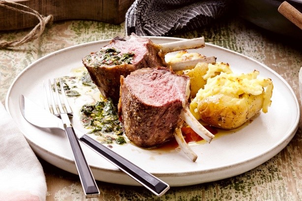 American Roasted Lamb Rack With Greek Chimichurri And Haloumi Potatoes Recipe Appetizer