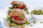 American Lamb Burgers With Rocket Roast Capsicum And Green Olive Relish Recipe Dinner