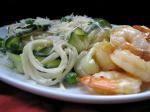 American Spaghetti With Peas Zucchini Ribbons and Garlic Shrimp Dinner