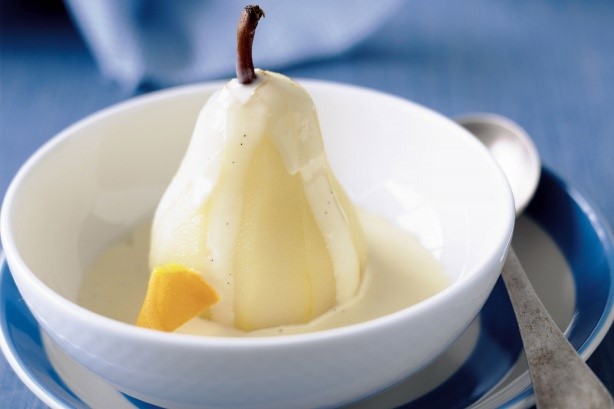 American Stirred Custard With Orange And Vanilla Poached Pears Recipe Dessert