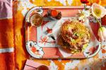 Japanese Prawn and Pork Pancake with Caramelised Onions and Crispy Noodles okonomiyaki Appetizer