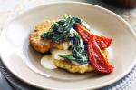 American Zucchini Cakes With Slowroasted Tomatoes and Lemon Creamed Spinach Recipe Appetizer