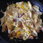 American Scrambled Eggs with Sausage and Pasta Dinner