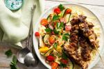 American Harissa Chicken Skewers On Zucchini Ribbon And Haloumi Salad Recipe Appetizer