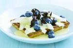 Canadian Pear and Blueberry Waffles With Chocolate Sauce And Custard Recipe Dessert