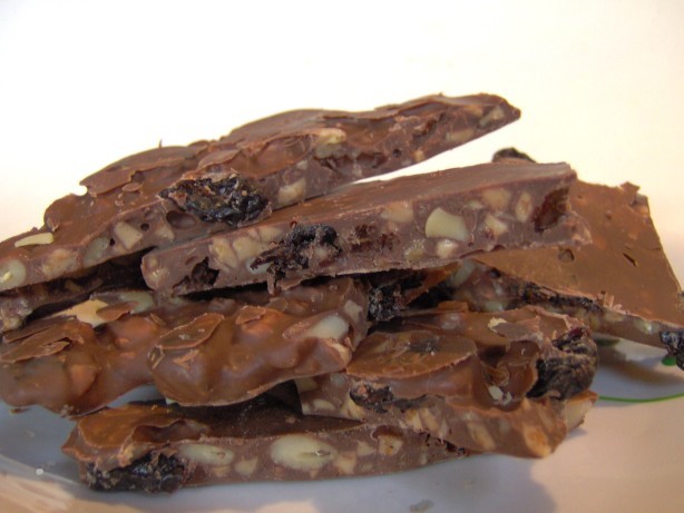 American Chocolate Bark Filled With Pine Nuts and Dried Cherries Dessert
