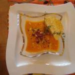 American Pumpkin Cream Scented with Thyme with Crunchy Bacon Appetizer
