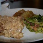 British Pork Medallions in a Creamy Apple Sauce with Cabbage and Bacon Dinner