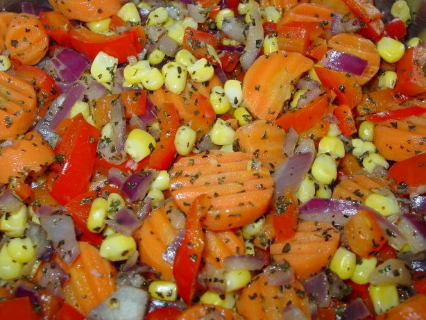 American Sauteed Corn Carrots Onion and Red Bell Pepper Appetizer