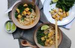 American Vegan Udon Noodle Soup with Chilli Lime Roasted Tofu Appetizer