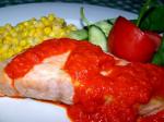 American Broiled Salmon with Sweet Red Pepper Sauce Appetizer