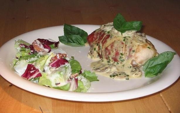 American Goats Cheese Stuffed Chicken Breast With a Creamy Mushroom Sauce Appetizer