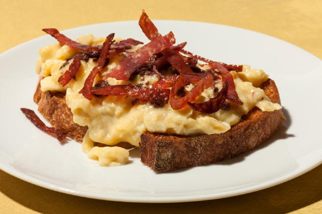 American Breakfast Bruschetta with Fontinascrambled Eggs and Salami Recipe Breakfast