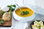 American Celeriac and Pumpkin Soup With Blue Cheese and Pear Toasts Recipe Appetizer