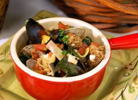 Italian Northwest Seafood Soup with Winter Greens and Sausage Appetizer