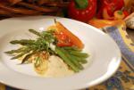 British Roasted Asparagus and White Cheddar Bechamel with Hazelnutcrusted Ravioli Appetizer