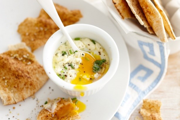 American Baked Eggs With Wilted Kale And Feta With Dukkah Pita Crisps Recipe Appetizer