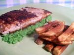 American Cajun Blackened Salmon With Pureed Peas and Door Stop Fries Appetizer