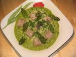 American Veal Sausage with Asparagus Sauce and Asparagus Tips Appetizer