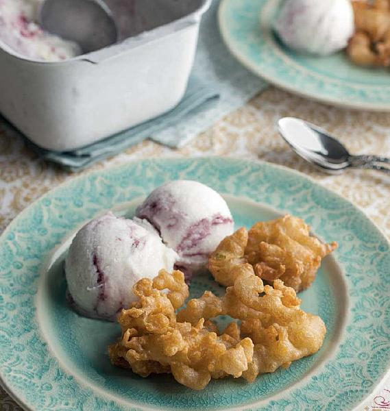 Greek Fritter Threads with Mulberry Swirl Ice Cream Dessert