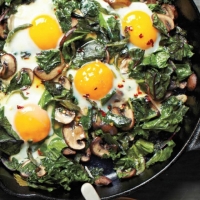 British Skillet Greens with Eggs and Mushrooms Breakfast