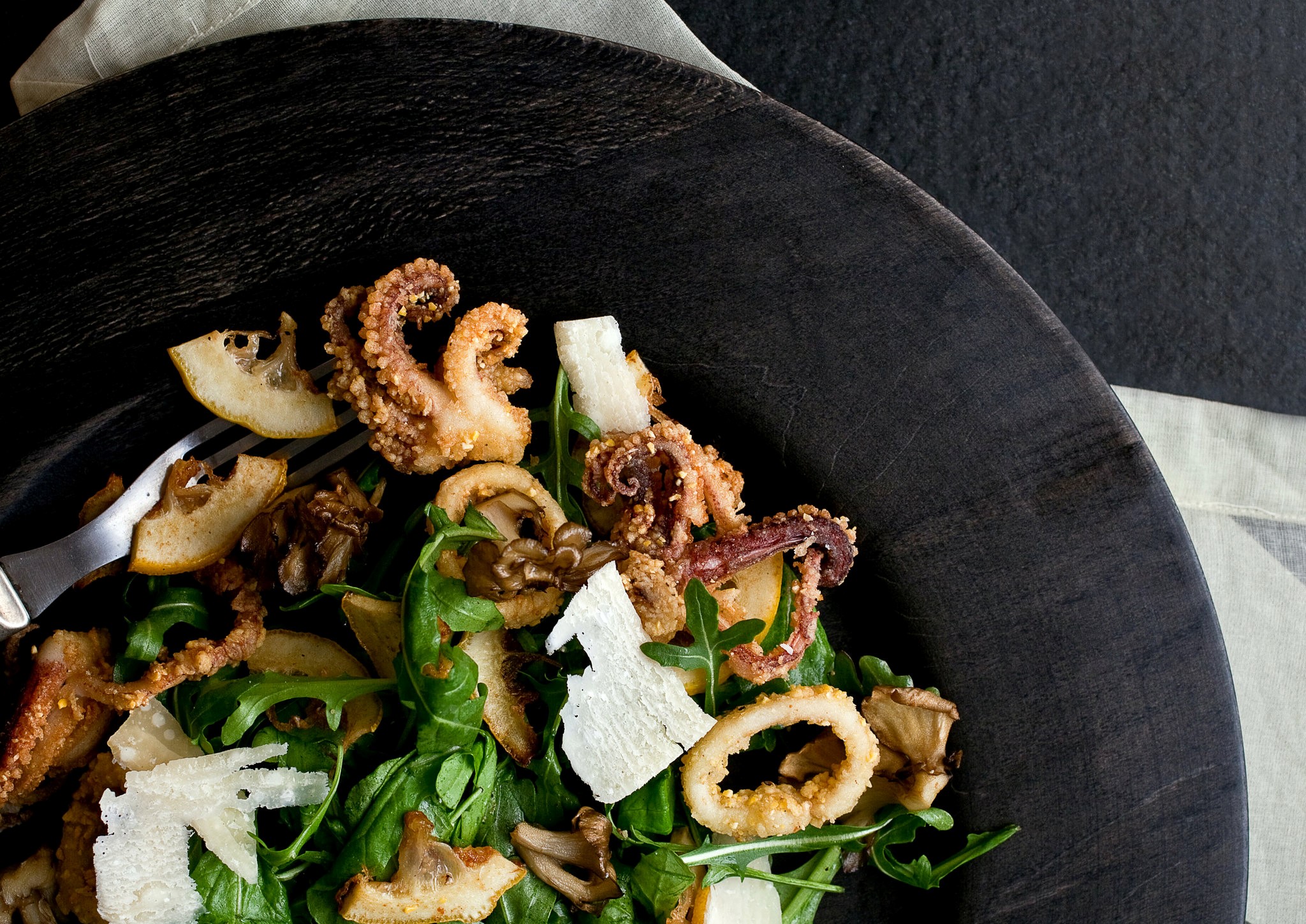 Canadian Crispy Calamari Lemon and Maitake Salad Over Arugula Recipe Dinner