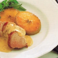 American Roast Pork Fillet With Apple And Mustard Sauce And Glazed Apples Appetizer
