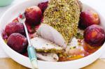 British Pistachiocrusted Pork With Roasted Plums Recipe Dinner