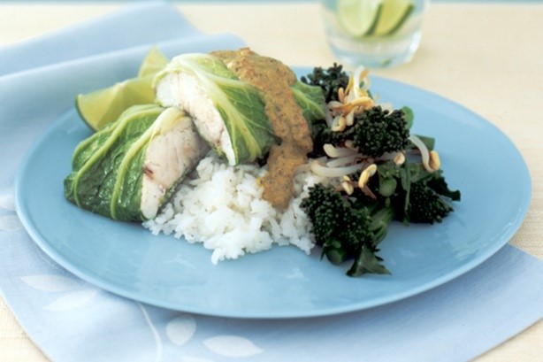 American Fish In Cabbage Leaves With Asian Greens And Curry Sauce Recipe Appetizer